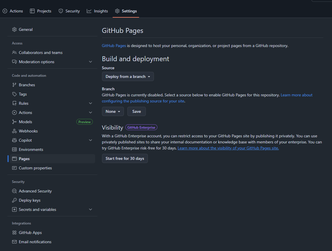 GitHub's pages settings